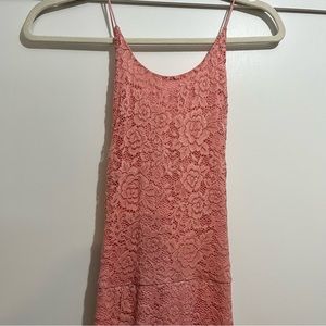 NWT High Neck Cross Low Back Lace Rose Dress with Slit and Silk Slip